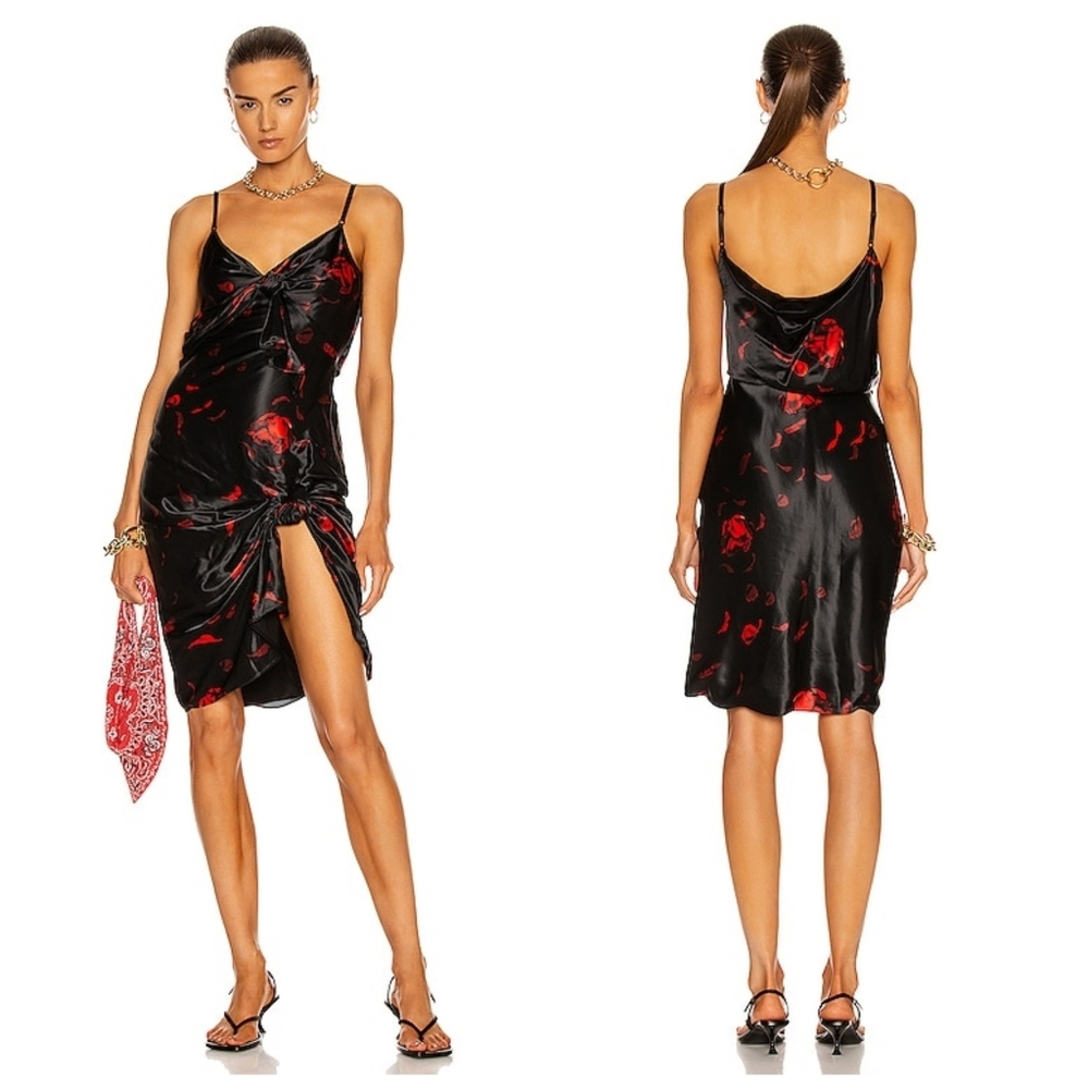 Alexander Wang Rose Printed Satin Slip Sun Dress with Twist Knot Detail 10